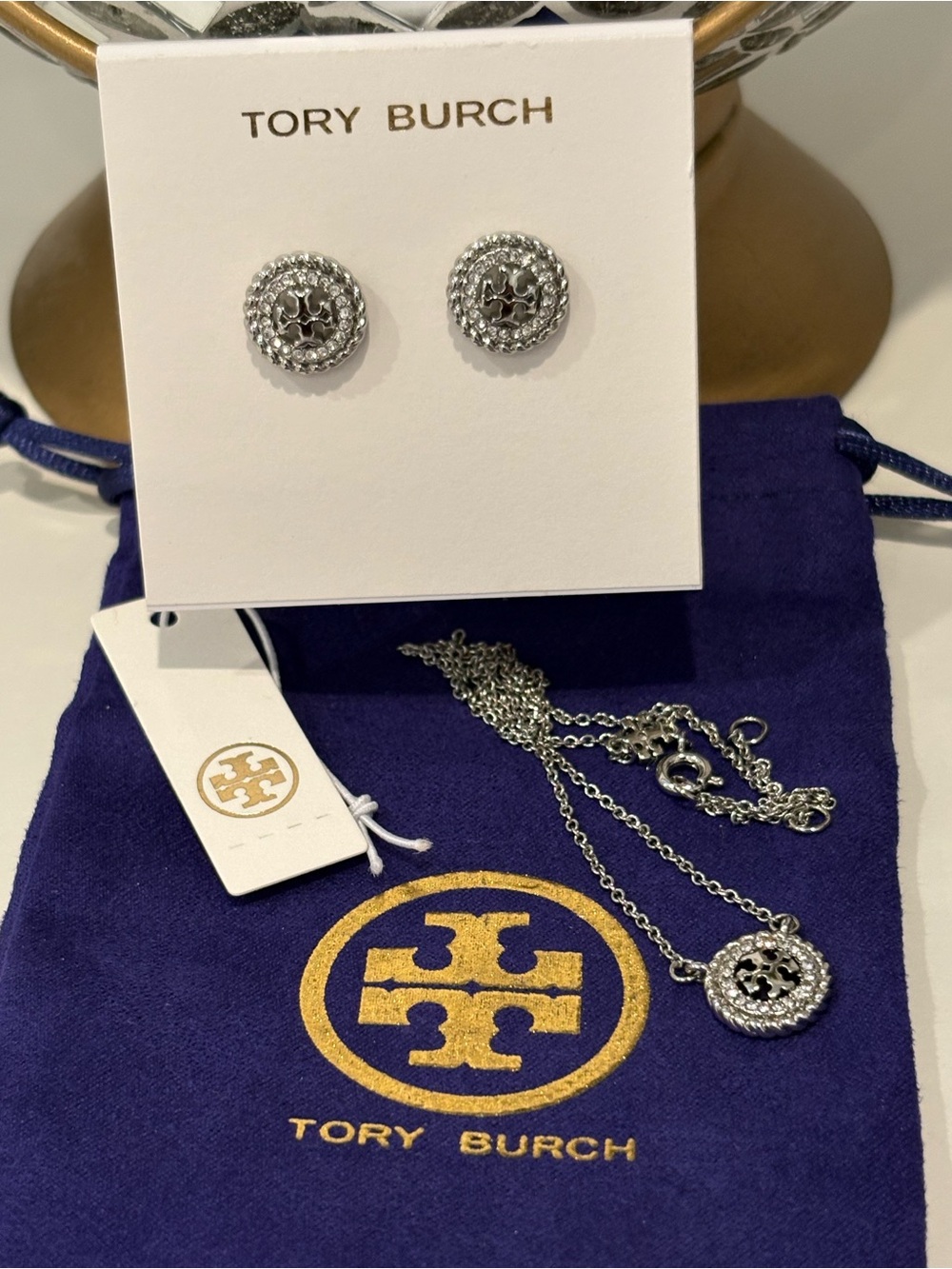 Tory Burch Silver Logo Stud Earrings & Matching Necklace Set